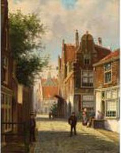 A Streetscene In A Dutch Town In Summer by Johannes Jacobus Mittertreiner