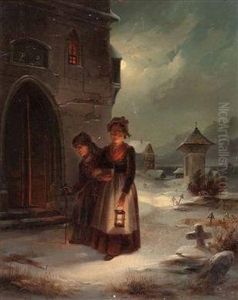 "zwei Frauenbeim Abendlichen Kirchgang Im Winter"