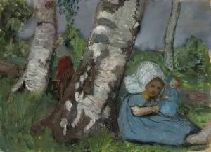 Kind Mit Puppe Am Birkenstamm Sitzend by Paula Modersohn-Becker