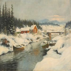 Norwegian Wintry Landscape With Rowing Boats And Houses At Ariver by Carl Moe