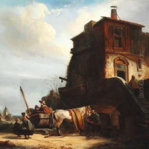 Travellers Taking A Rest In Front Of A House On The Outskirts Of A Town by Joseph Jodocus Moerenhout