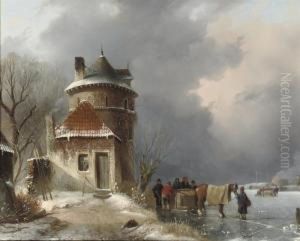 A Winter Landscape With A Horse-drawn Sleigh by Joseph Jodocus Moerenhout