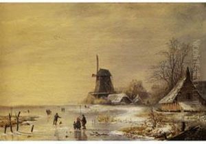 Niederlandische Winterlandschaft Mit Vereistem Poldersee,windmuhle Und Verschneiten Hausern Niederlandische Winterlandschaft Mit Vereistem Poldersee,windmuhle Und Verschneiten Hausern