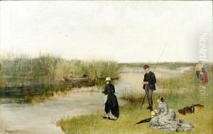 Elegant Figures Fishing From A River Bank by Johannes Lodewijk Moerman