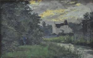 Bewaldetes Flussufer Mit Schlossansicht by Hermann Moest