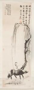 Painted Scroll Of A Figure And Buffalo by Ni Tian Mogen