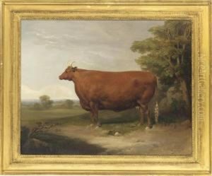 A Prize Cow In An Extensive Landscape; And A Prize Bull In Afarmyard by Thomas Mogford Of Exeter