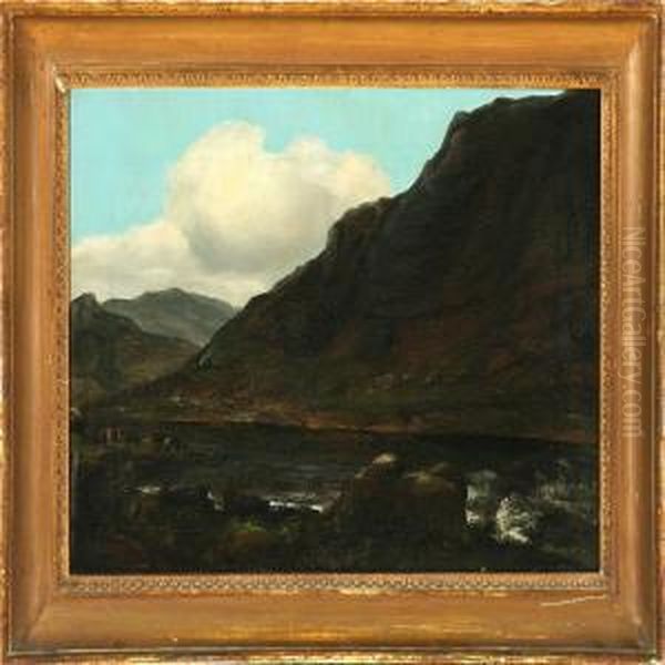 Norwegian Fiord Scene, Along The Coast Travellers On Horses - view 1