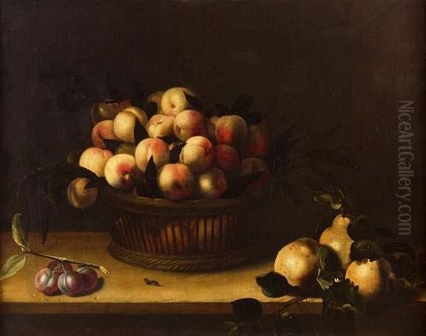 Nature Morte A La Corbeille De Peches, Coings Et Prunes Sur Un Entablement - view 1