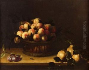 Nature Morte A La Corbeille De Peches, Coings Et Prunes Sur Un Entablement