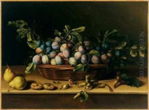 Nature Morte Au Panier De Prunes Sur Un Entablement Avec Noisettes Et Poires