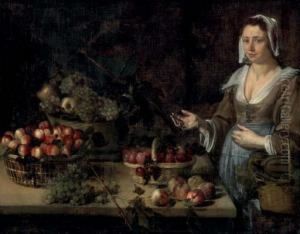 A Serving Girl Next To A Table With Baskets Of Melons, Plums, Peaches, Apples And Grapes