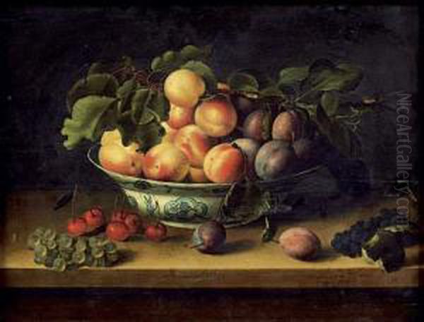 Nature Morte Au Plat D'abricots Et De Prunes Pose Sur Un Entablement Pres De Cerises Et De Raisins - view 1