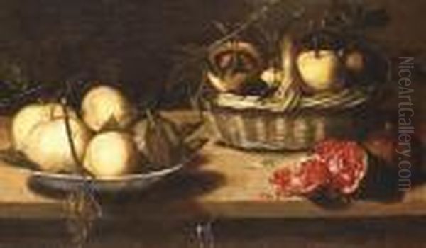 Quinces In A Basket And In A Ceramic Dish With A Pomegranate On A Tabletop - view 1
