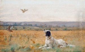 A Springer Spaniel In A Field With Partridges In Flight
