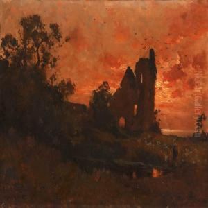 Sunset Over A Northern French Landscape With Ruins