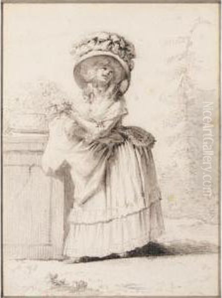 A Young Lady In A Large Hat Picking Flowers In A Garden - view 1
