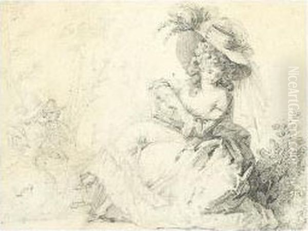 A Seated Woman In Elegant Dress, With A Courting Couple In The Distance - view 1