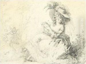 A Seated Woman In Elegant Dress, With A Courting Couple In The Distance A Seated Woman In Elegant Dress, With A Courting Couple In The Distance