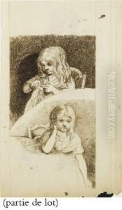 Quatre Doubles Portraits Dont Un Representant Une Fillette Assise Cousant Et Une Fillette Assise Accoudee Sur Une Table by Anne-Marie Moitte