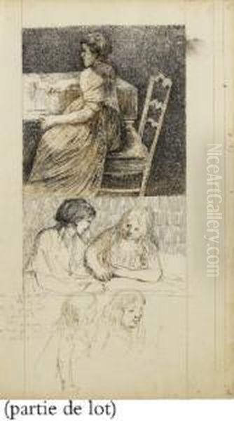 Suite De Cinq Dessins Representant Divers Portraits A Mi-corps D'hommes, De Femmes Et D'enfants Dont Quatre Recto-verso - view 1