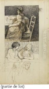 Suite De Cinq Dessins Representant Divers Portraits A Mi-corps D'hommes, De Femmes Et D'enfants Dont Quatre Recto-verso