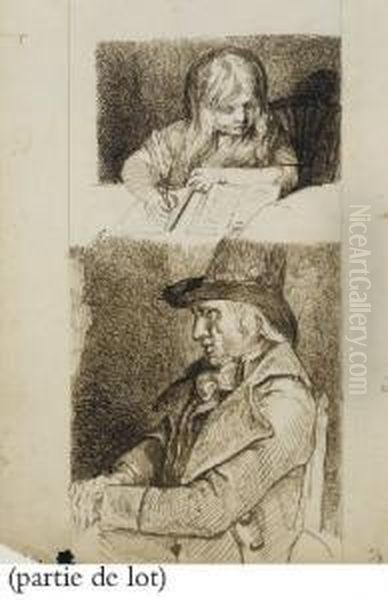 Suite De Quatre Double Portraits Representant Des Femmes Et Des Fillettes A L'ouvrage Ou Au Repos Et Des Hommes Chapeautes, Dont Deux Recto-verso - view 1