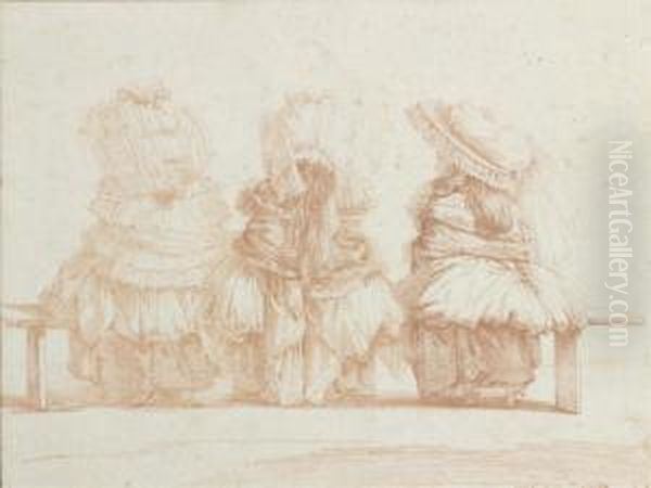 Three Seated Girls Wearing Elaborate Bonnets, Seen Frombehind - view 1