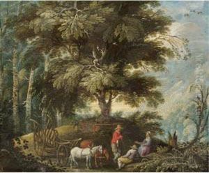 A Mountainous Landscape With Figures Resting On A Path Beside A Wagon by Mattheus Adolfsz Molanus
