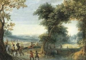 A Wooded Landscape With A Cavalry Skirmish, A City Beyond by Mattheus Adolfsz Molanus