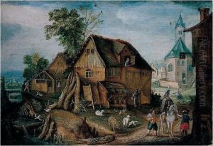 A Village Scene With A Horseman And Farmyard Animals By A River by Mattheus Adolfsz Molanus