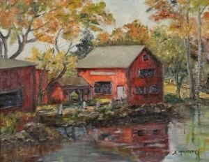 Red Buildings Near Small Pond