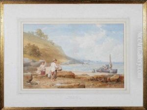 "cockle Gatherers" - Figures And A Small Boat On A Rocky Shore by John Henry Mole