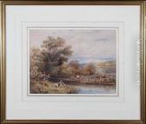 Two Young Anglers At A Riverbank With Cattle Nearby
