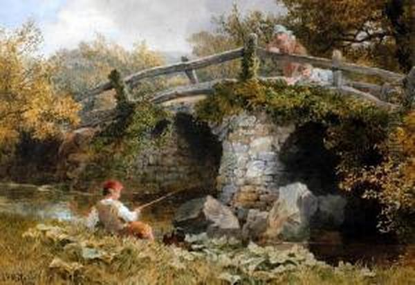 Young Boy Fishing At A Riverside Beforechildren Watching From An Arched Stone Bridge - view 1