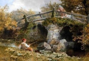 Young Boy Fishing At A Riverside Beforechildren Watching From An Arched Stone Bridge by John Henry Mole