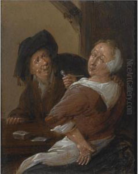 An Amourous Couple Playing Cards In An Inn - view 1