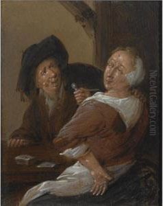 An Amourous Couple Playing Cards In An Inn by Jan Miense Molenaer