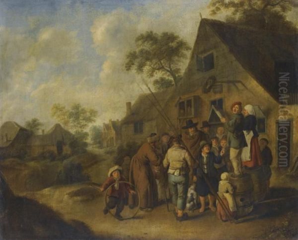 A Village Street With Villagers Gathered Around Two Figures Proclaiming The News On Barrels Outside An Inn - view 1