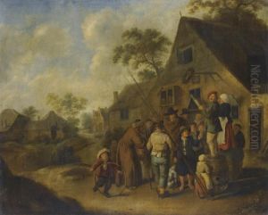A Village Street With Villagers Gathered Around Two Figures Proclaiming The News On Barrels Outside An Inn by Jan Miense Molenaer