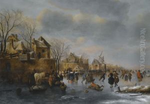 An Extensive Winter Landscape With Numerous Figures On The Ice by Claes Molenaar (see Molenaer)