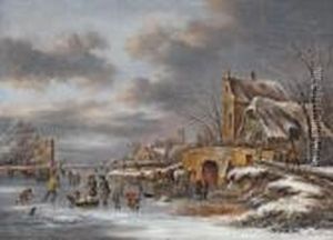 Winterlandschaft Mit Schlittschuhlaufern Und Warenhandler by Claes Molenaar (see Molenaer)