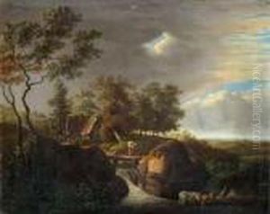 Landschaft Mit Wasserfall Und Kuhen Vor Aufziehendem Gewitter. by Pieter Molijn