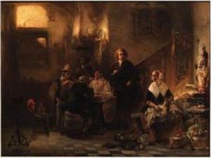 Backgammon Players In A Kitchen With Gentleman Admiring Akitchen-maid