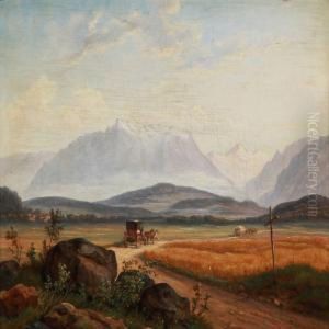 Southern German Mountain Landscape With Horse Carriages On The Road