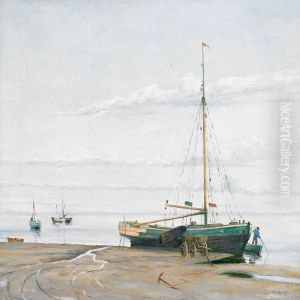 Boats On The Beach At Low Tide At Sonderho, Fano by Johannes Christian Moller