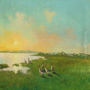 Coast Senery With Geese In The Field by Leo Christian Moller