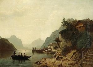 A View Of A Lake In A Mountainous Landscape With Numerous Figures On Shore And Figures In A Boat In The Foreground