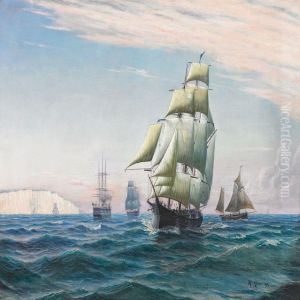 Ship Of The Line And Other Sailing Vessels Under An Evening Redsky, Possibly Off The Cliffs At Mon by Thorvald C. Benjamin Moller