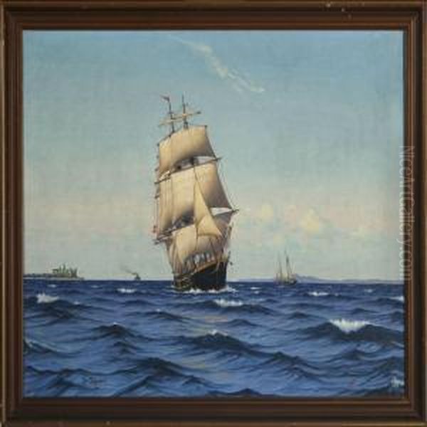 Seascape With Saling Ships And Motor Ship, In The Background Kronborg Castle - view 1